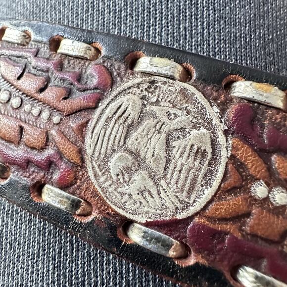 VTG Hand Tooled & Dyed Brown Leather Belt & Buckle sz 38 Native Eagle main image 9